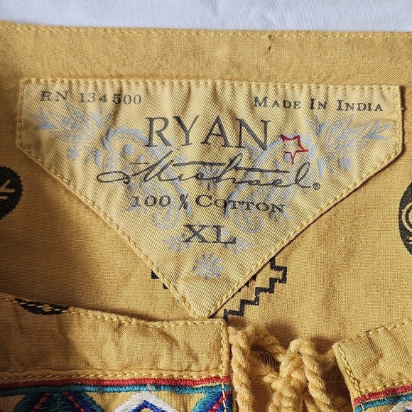 Ryan Michael Top Women's XL Mustard Embroidered Southwestern AOP Tie Neck Cotton - Picture 3 of 13